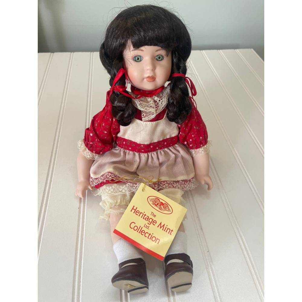 Heritage Mint Ltd 1990 Vintage Porcelain Doll Green Eyes Red Floral Dress 14"